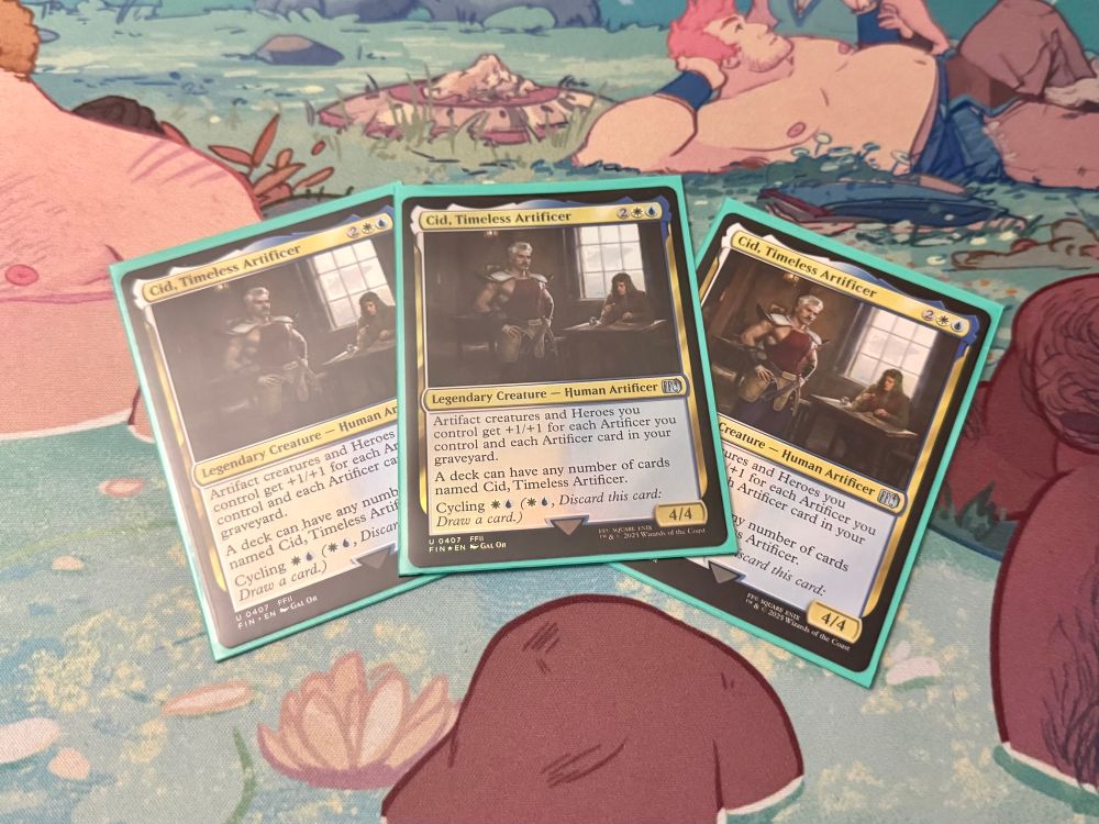 Three Cid, Timeless Artificer cards, with FF2 art, on a Bearscape playmat. I am very gay 😝