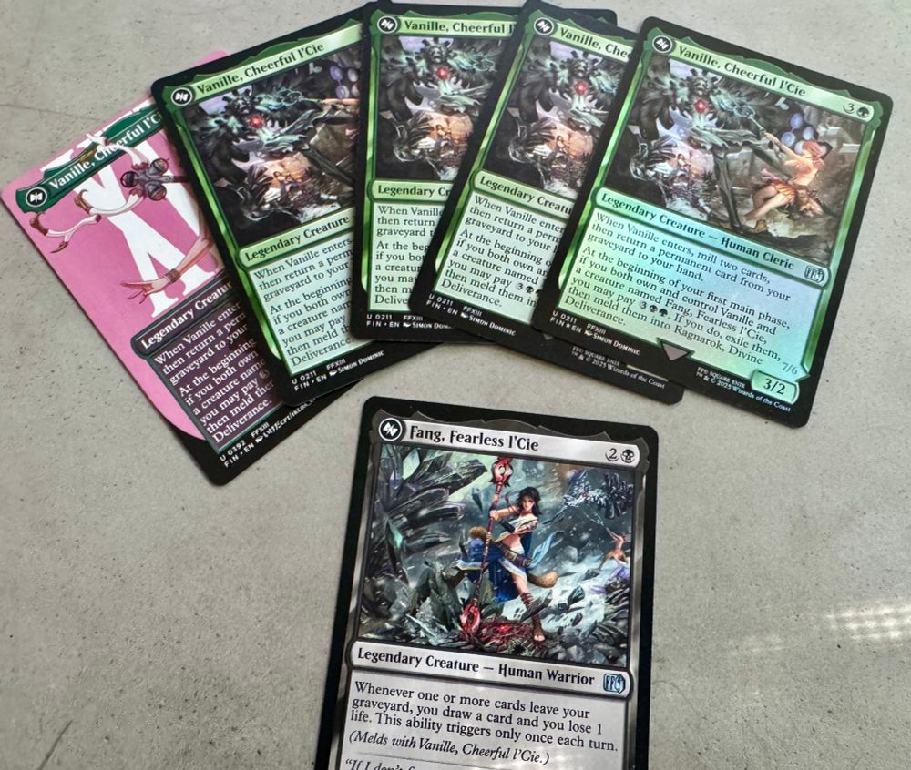 Five copies of Vanille, only 1 copy of Fang (cards that meld together)