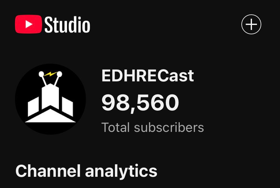 The EDHREC YouTube account, currently at 98,560 subscribers