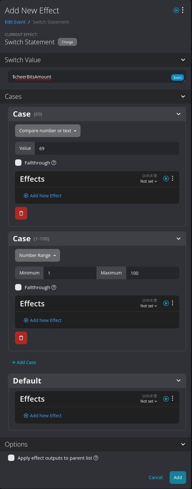 A screenshot of the Switch Statement effect for Firebot. At the top, the "Switch Value" is set to "$cheerBitsAmount". There are three case statements. One for the value of 69, one for a range between 1 and 100 (69 not included, due to it being before the range) and a catch-all default case.
