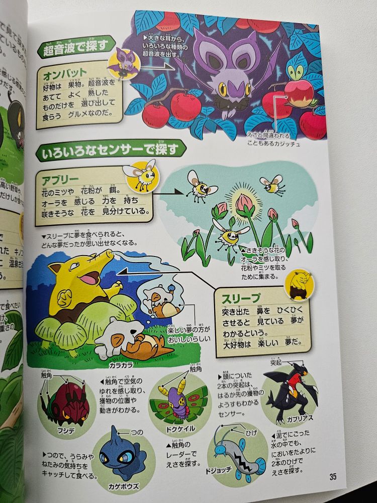 Pokémon interacting with each other and their surroundings, like Drowzee eating Cubone's dream