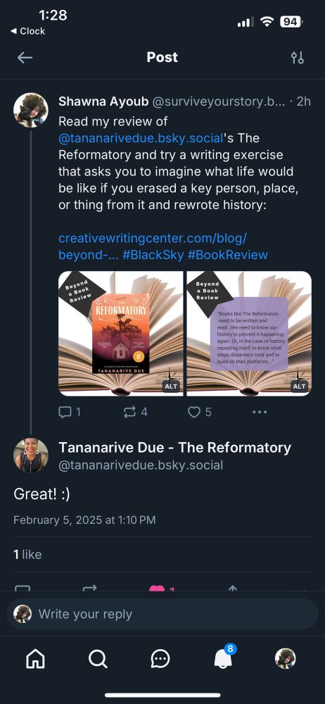 An image of Tananarive Due’s repost of a Bluesky post mentioning my review of her book, The Reformatory. 