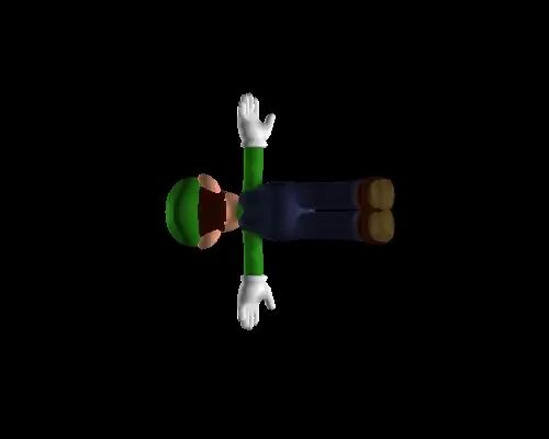 a cartoon character with green overalls and a green hat is standing upside down on a black background .