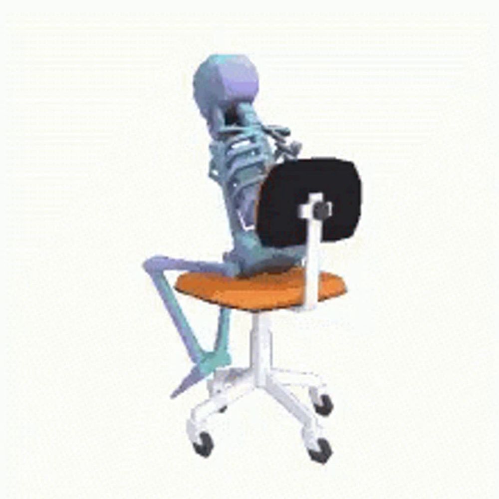 a skeleton is sitting on an office chair thinking about something .