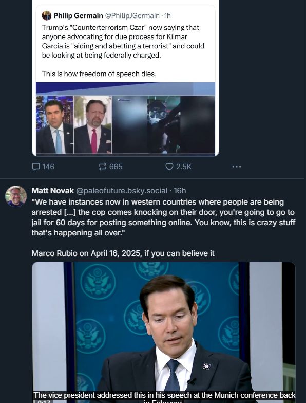 top pic shows one Trump cabinet member saying people can be jailed for speaking out against someone; bottom shows another member condemning other countries for jailing people for speaking out against someone