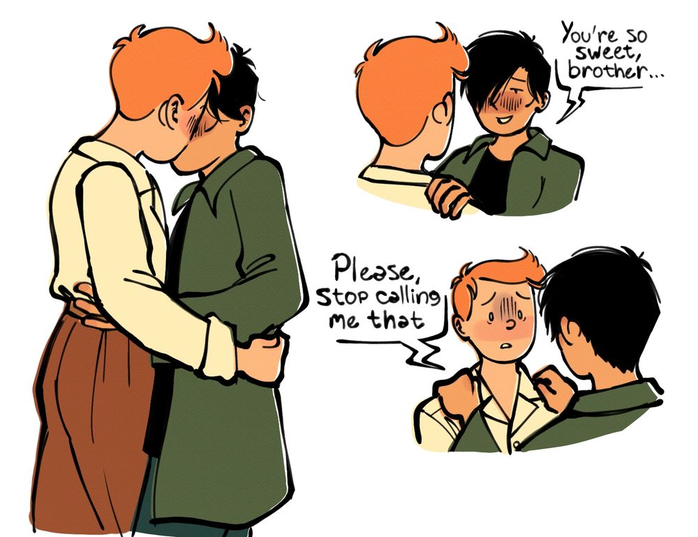 Drawing of Tintin and Tchang, in the first one they're kissing, next Tchang tells him "You're so sweet, brother..." And next Tintin, with an horrified face, replies "Please, stop calling me that"