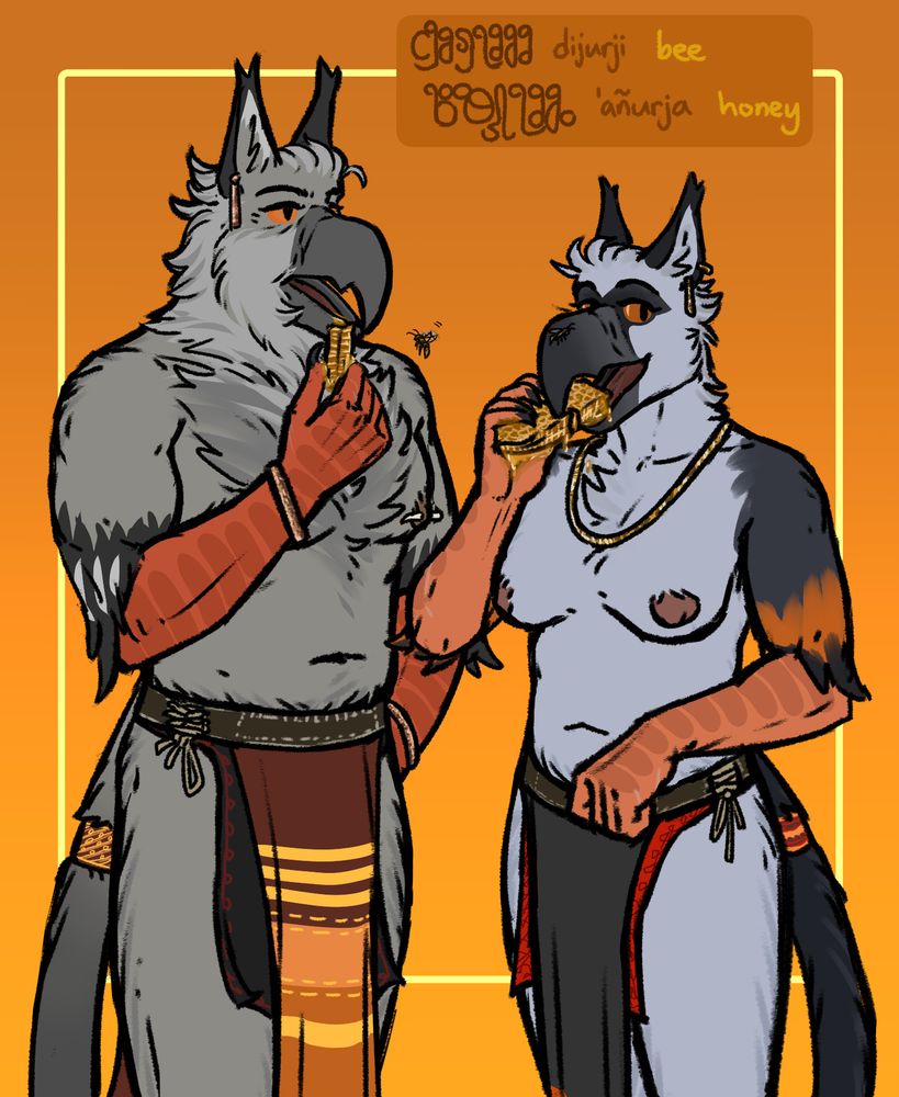 A Kurjañi man and woman eating pieces of freshly gathered honeycomb, dripping with honey. a couple of bees seem to take issue with that but they don't react. text shows the Kurjañi words for bee and honey alongside with their romanized form and translation.