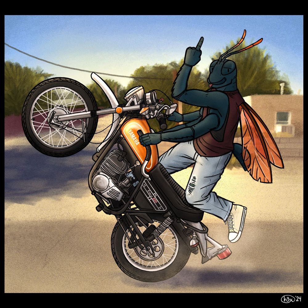 An anthro wasp rides a Yamaha enduro motorcycle, popping a wheelie and flipping off the viewer with his tongue sticking out.