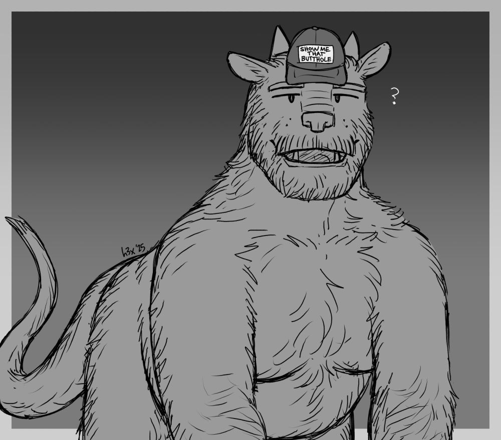 Bes, a furry quadrupedal dragon, with a hat that says "show me that butthole"