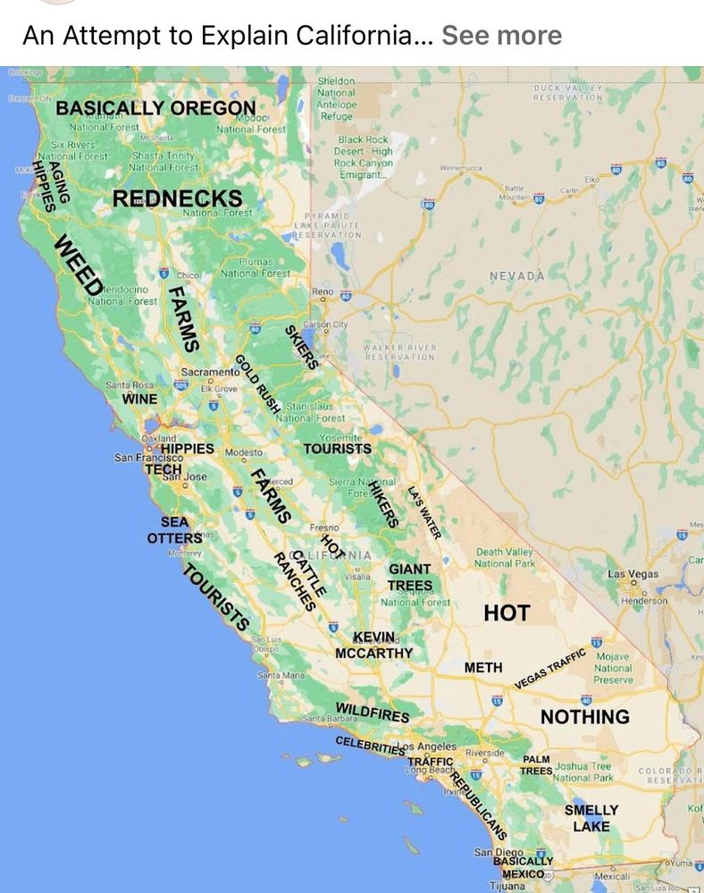 A map of California. Different regions are labeled with silly characterizations of what each of those regions is known for. 