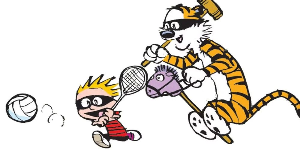 A boy wearing a black eye mask and a red shirt with black, thin, horizontal stripes chases a volleyball while carrying a tennis racket. Behind him, a tiger also wears a black eye mask and carries a croquet mallet while riding a purple hobby horse. This is a depiction of the game Calvinball from the comic "Calvin and Hobbes".