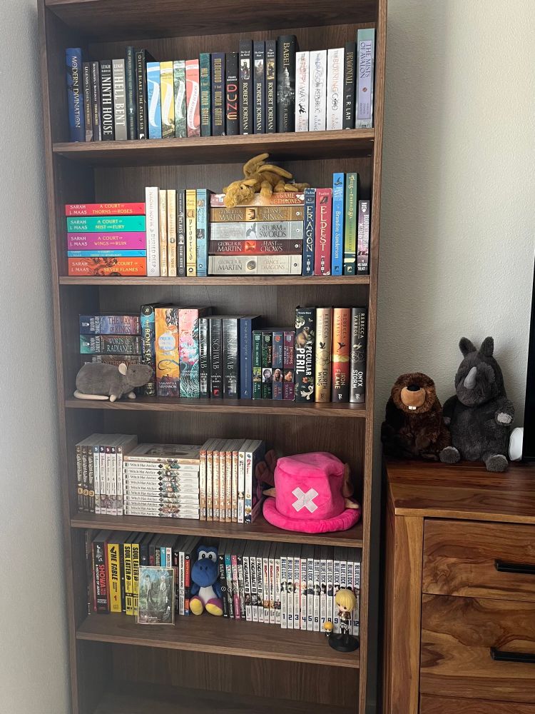 bookshelf with fantasy books, one piece chopper hat, and some plushies on it