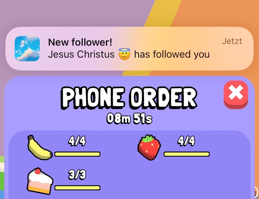 Das Bild zeigt einen Ausschnitt aus einem Handyspiel. Oben im Bild wird angezeigt, dass Jesus Christus ein neuer Follower ist