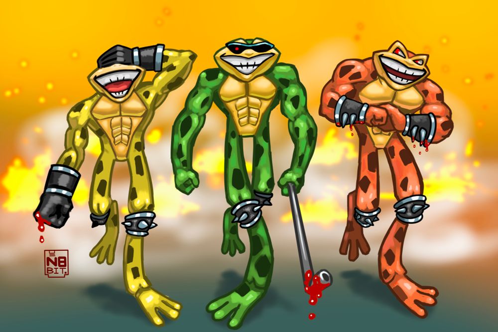 Battletoads walking away from some destruction.