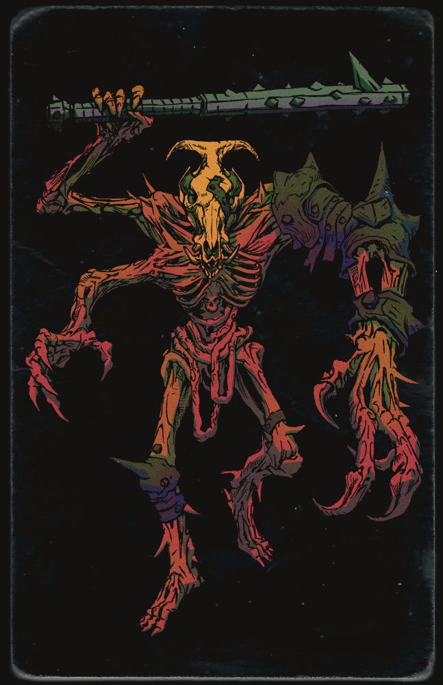 A hideous skeletal monstrosity lurches towards you. Roughly humanoid, but it has 3 arms, one wielding a spiked club, and a pig's skull. Guts and tendons hang gruesomely from its bones.