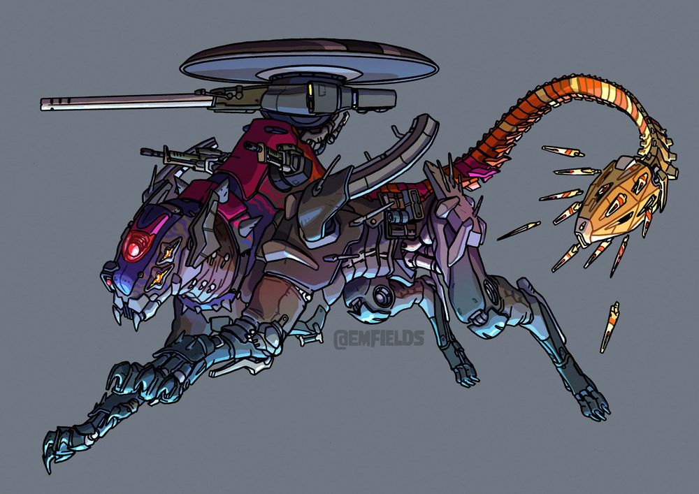 a lancer frame in the form of a predatory big cat, leaping forwards. It has a radome and a long cannon mounted on the top, and a red radar 'eye' located centrally on the head. It has a blue, pink, orange, and yellow tiger stripe design. Its tail ends in a club-like assembly that is a housing for multiple spiky laser drones.