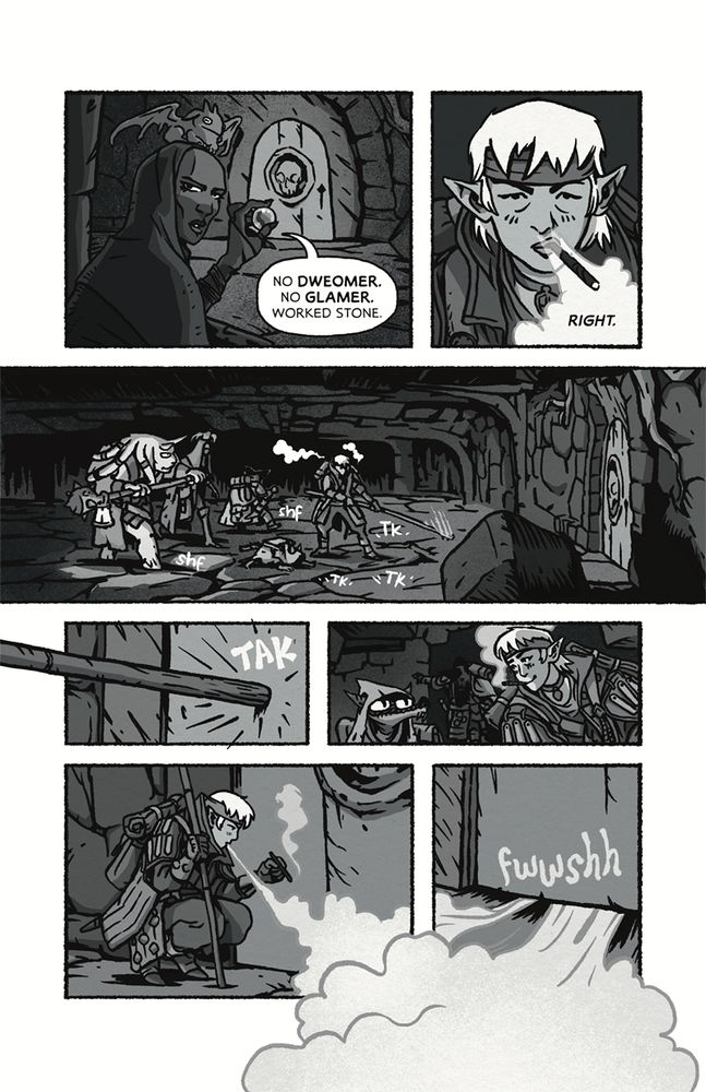 Page 2
Panel 1: Vickers turns back to the group. "No Dweomer. No Glamer. Worked stone."
Panel 2: Enfield blows out a cloud of cheroot smoke. "Right."
Panel 3: The group cautiously approaches the door. Webley sniffs the ground, Enfield taps ahead with a 10 foot pole. TK TK TK.
Panel 4: The pole touches the door with a 'TAK'.
Panel 5: Enfield glances approvingly at Webley. No traps triggered!
Panel 6 and 7: Enfield blows a cloud of cheroot smoke carefully at the crack under the door. The smoke sucks beneath it with a 'fwssshh'!