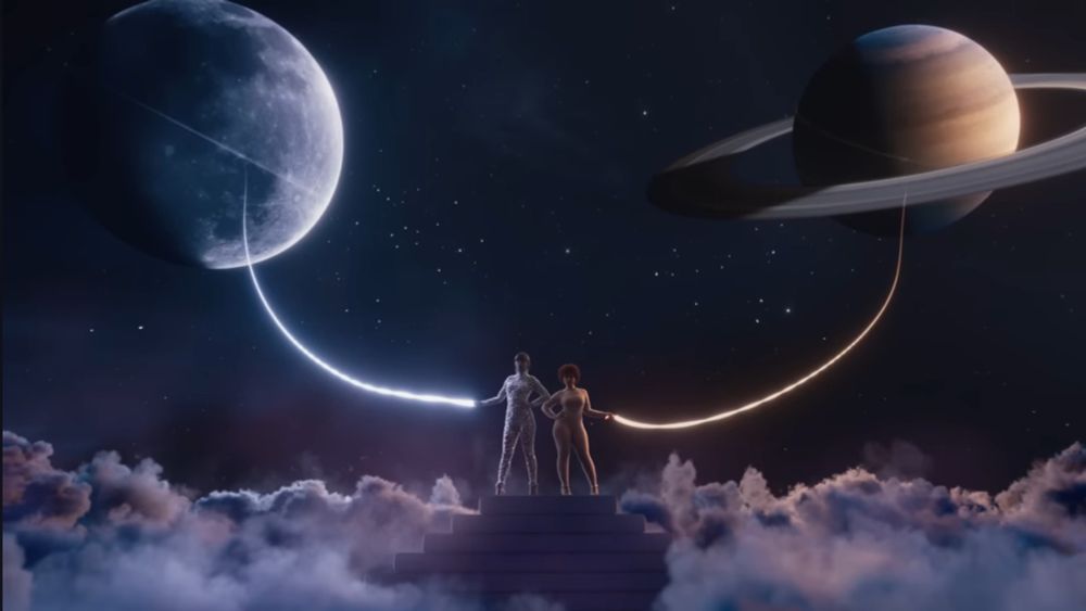 Taylor Swift and Ice Spice in the karma music video with glowing strings tied to the moon and Saturn 