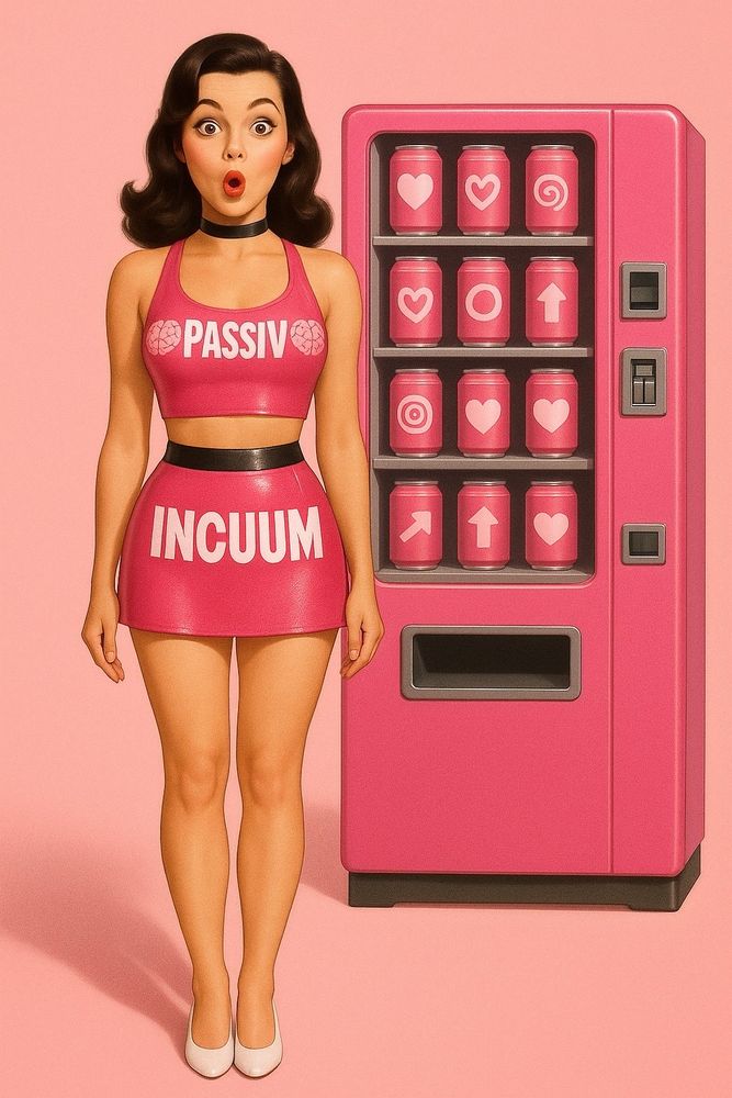 A retro pin-up style woman with dark wavy hair stands in front of a glossy pink vending machine. 

She wears a shiny pink crop top that says “PASSIVE” w/ brain icons, and a matching miniskirt that reads “INCUMM” in bold white letters. Her mouth is open in a wide “O”. The vending machine is filled with pink cans labeled only with icons: hearts, spirals, arrows, and targets. 

The scene parodies algorithm-driven consumerism.