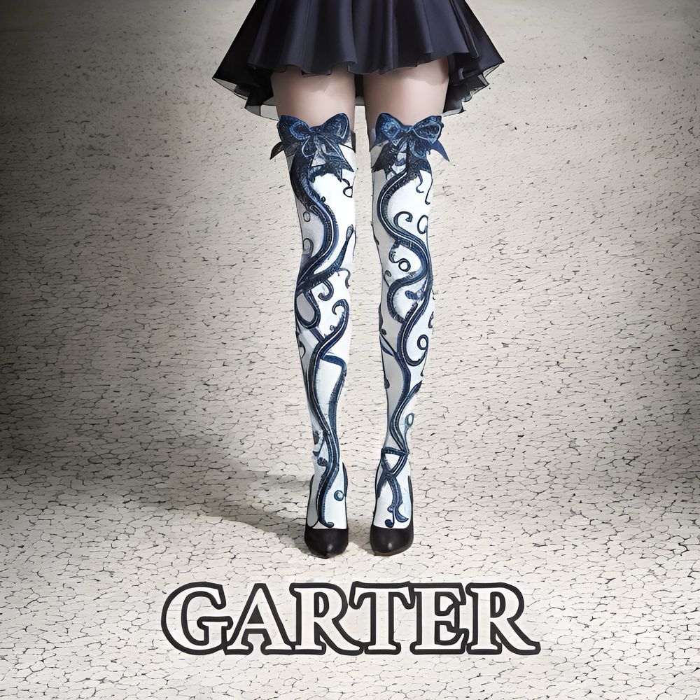 A woman is wearing bridal garters styled to look like tentacles.  The text says GARTER.