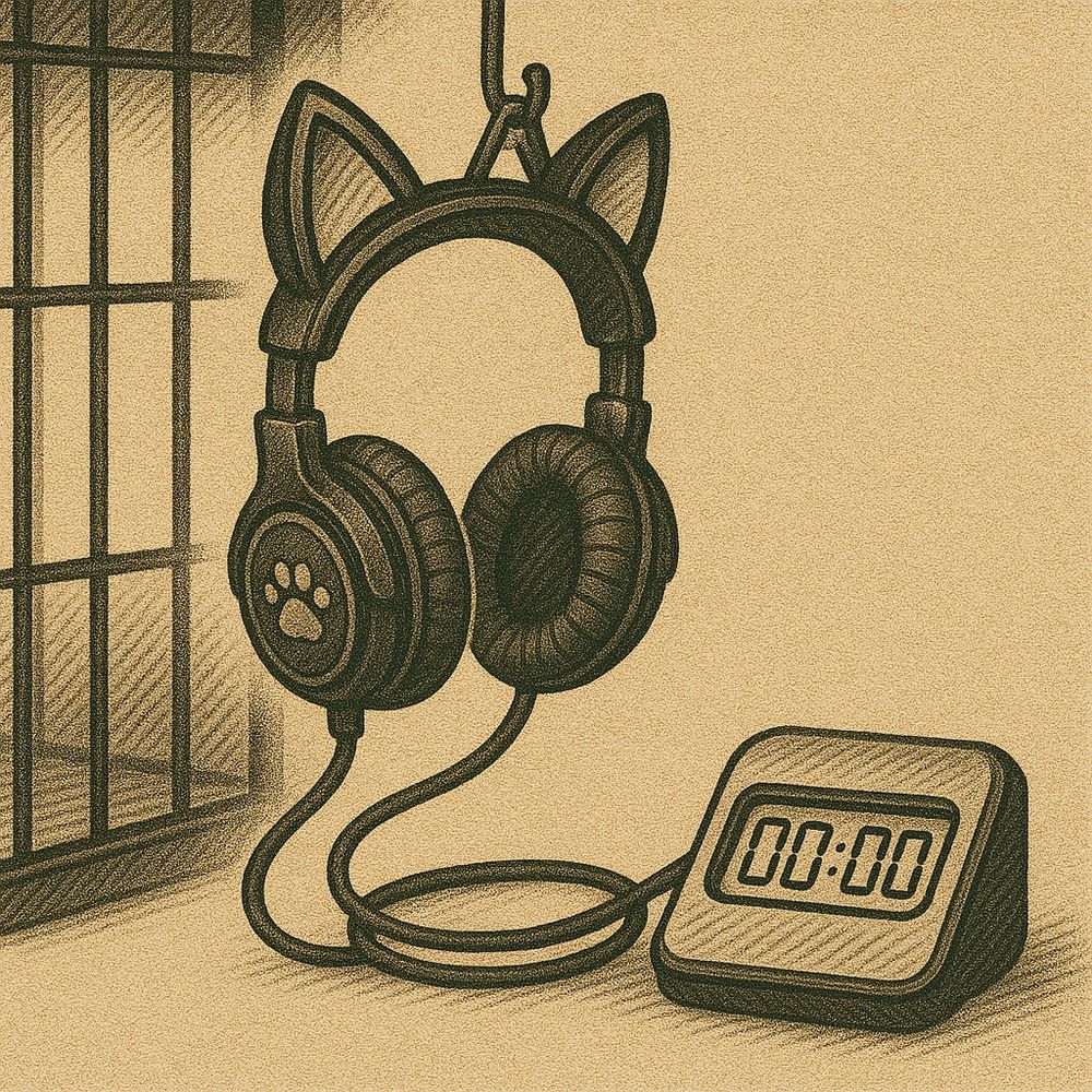 A vintage illustration of overear headphones with pink cat ears hanging from a hook inside a wire cage. The headphones are connected by a coiled cable to a digital timer. The artwork is drawn in sepia ink 