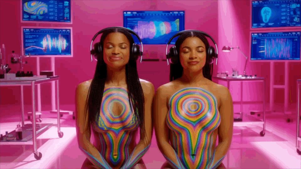 Two women body painted with hypnotic spirals are inside the fictional mind control pink room.