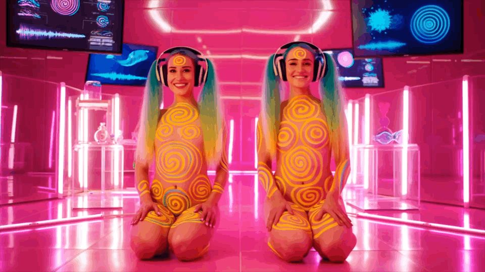 Two women body painted with hypnotic spirals are inside the fictional mind control pink room.