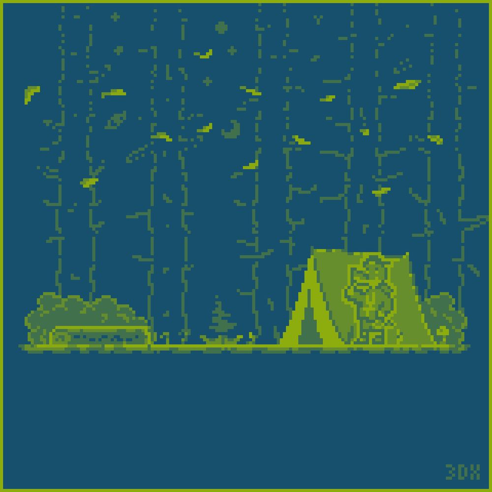 a little croc guy is seen near a camping site, with an extinguished campfire and wildlife