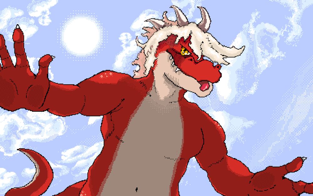 a red dragon basking in the sun, looking down at the viewer