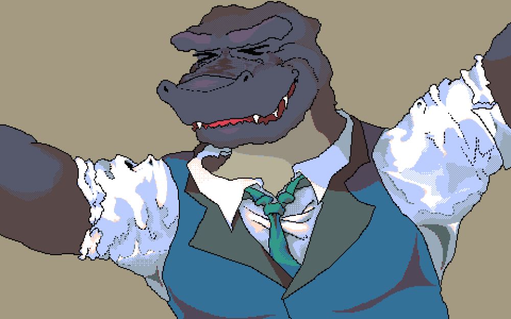 a dinosaur with a snazzy suit on