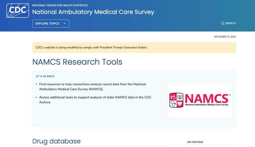 Screenshot of CDC website for NAMCS Research Tools with an alert at the top saying the site is being modified to comply with Donald Trump's illegal orders.