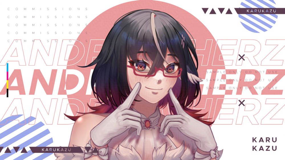 An illustration of Andeng's model, posing with both of her index fingers poke her cheeks a bit, and with her name (Andreia Herz) in the background as text