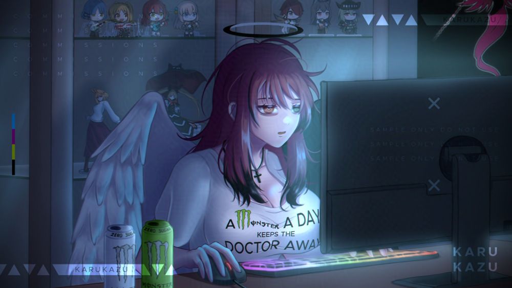 Skyknighter, an OC of Sky, sits in front of a computer with two cans of Monster Energy beside her and a glass shelf behind. On the shelf, there are seven nendoroids, four from the Kessoku band in "Bocchi the Rock" and three from "Arknights," along with two figures: Arcueid from "Tsukihime" and Rachel Alucard from "BlazBlue."