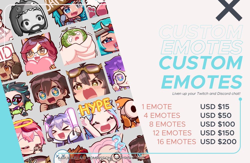 A "slide" presents the "Custom Emotes" category, with emotes for various clients as samples and the price of each bundle. An emote is $15, 4 emotes are $50, 8 emotes are $100, 12 emotes are $150, and 16 emotes are $200