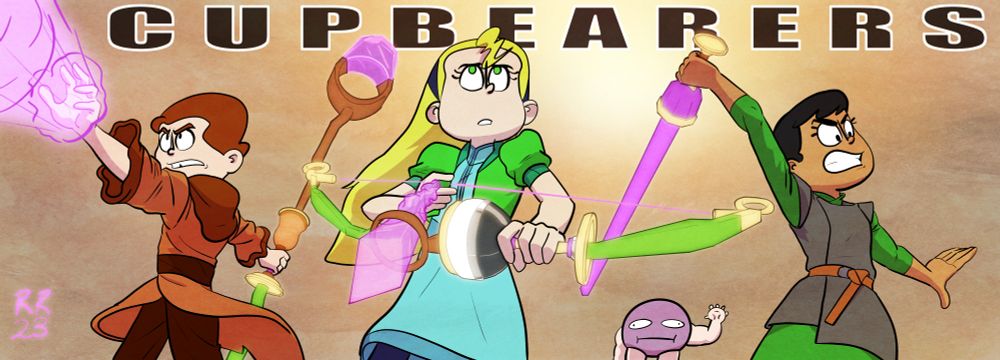Cupbearers banner:
1. Warren blasting magic upwards and holding his cupstaff behind him
2. Lora holding her cupbow horizontal with a juice arrow knocked
3. The Duke of Grapes waving at you, personally
4. Kath rising her cupsword over her head