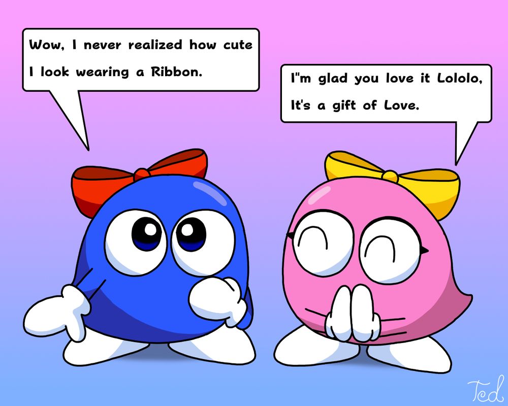 Lololo admiring how cute he looks wearing a Ribbon. While Lalala is happy that her Love enjoys it.