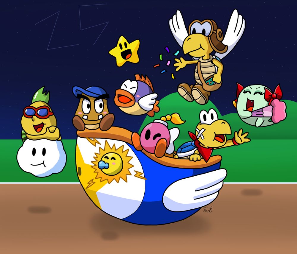 Goombario, Kooper, Bombette, Parakarry, Lady Bow, Watt, Sushie, and Lakilester, all on the Star Ship, Based off of the Parade Credits of Paper Mario, Plus with the Addition of Twink in the Picture.