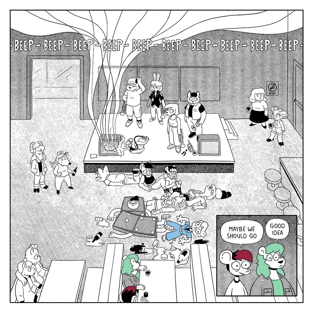 p6: As the smoke alarm goes off, Jeanie lays on the ground with the rest of the shocked crowd. The snake from the band sprays the amp with a fire extinguisher while the rest of the band looks on. Other onlookers, including Summer and Autumn, stare at the mess.
p7: Summer and Autumn, stunned, look at the fallen crowd. Autumn: Maybe we should go. Summer: Good idea