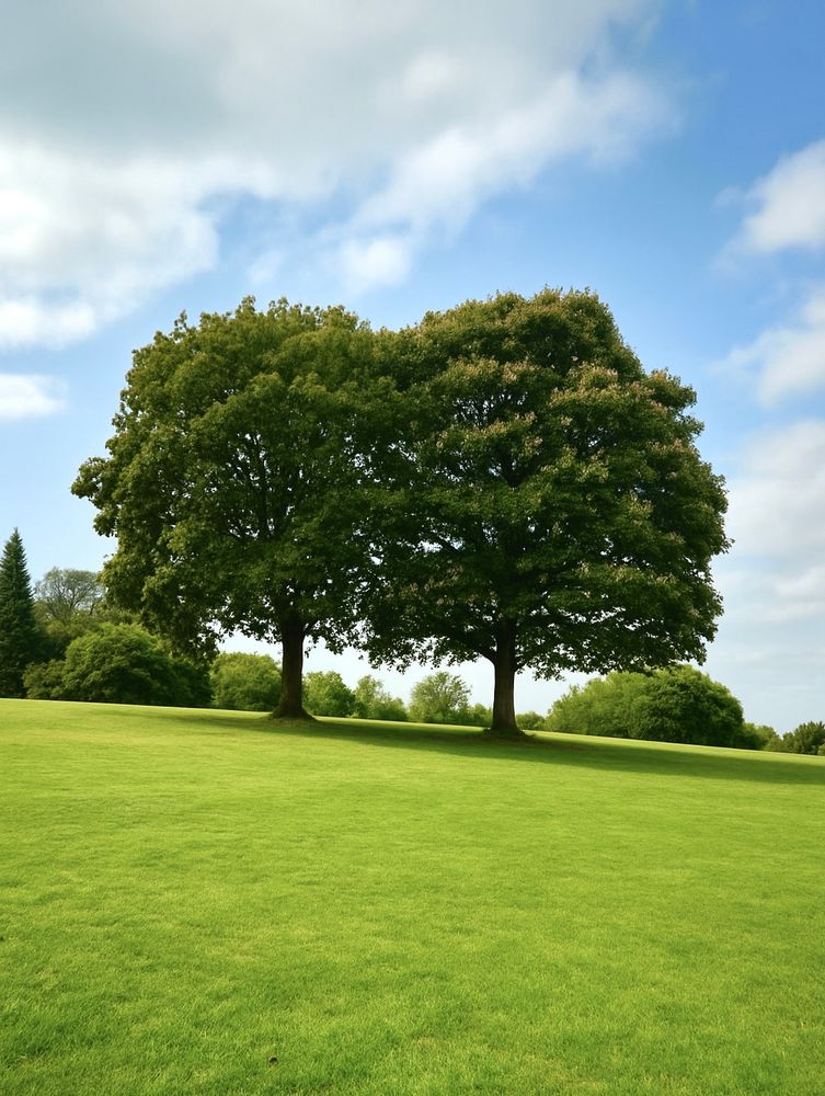 Two trees on grass in a park.. blue sky with clouds 