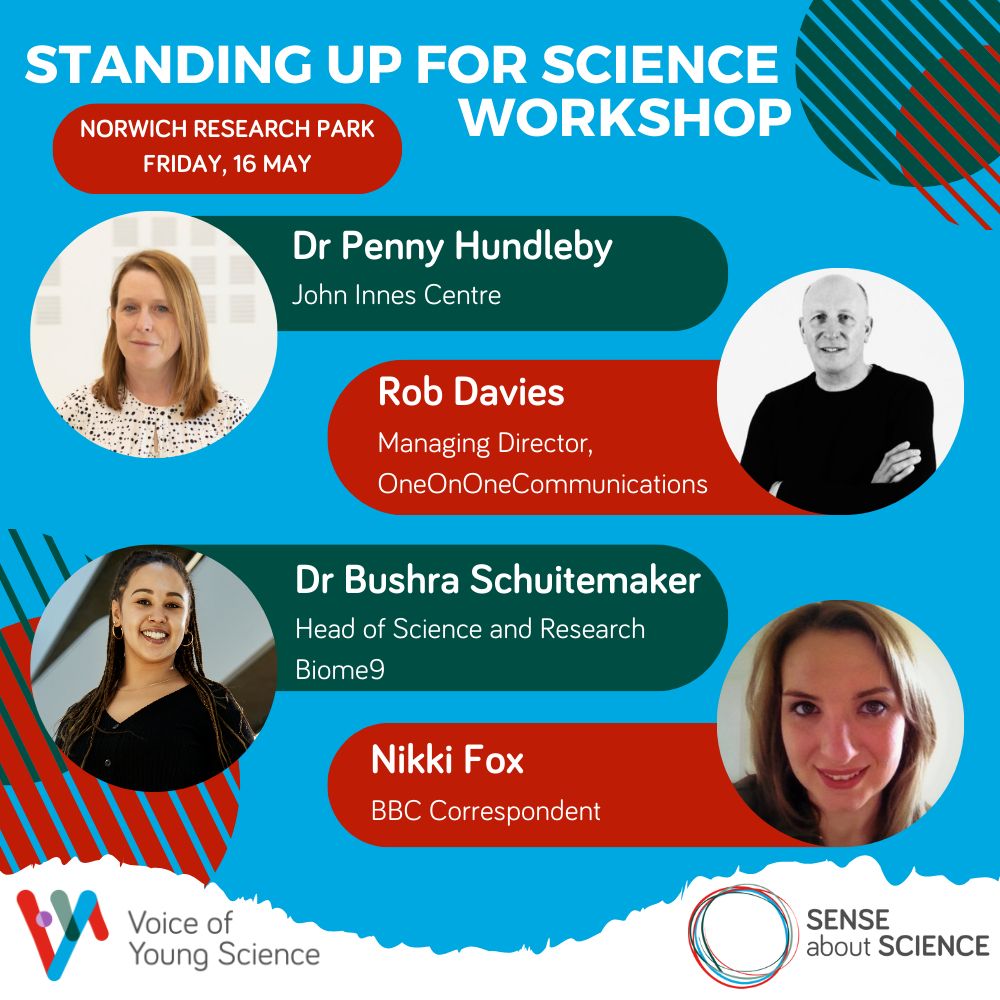 Norwich, 16 May, Standing Up for Science workshop panellists, including Penny Hundleby, Rob Davies, Bushra Schuitemaker, and Nikki Fox. 