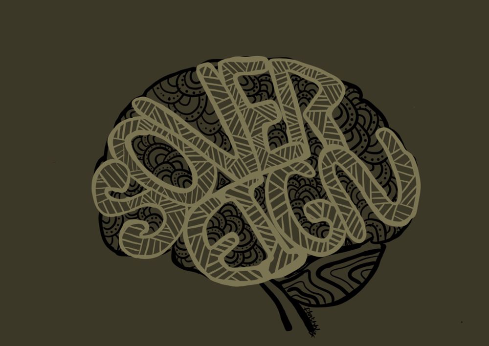 art design of brain. black lines fill the space with arches and dots. background colour dark olive green.
over the top of the art is the word Sovereign