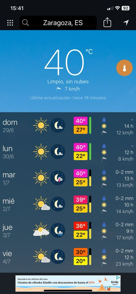 Domingo, lunes y martes 40 grados C de máxima en Zaragoza, España