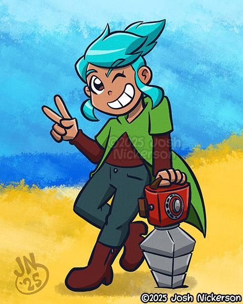 The player character of Pepper Grinder, Pepper. A young girl with tan skin, brown eyes and cyan hair. She is wearing dark clothes with a bright green cape, and leaning on a very big handheld drill.