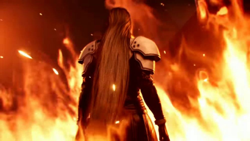 a woman with long hair is standing in front of a fire .