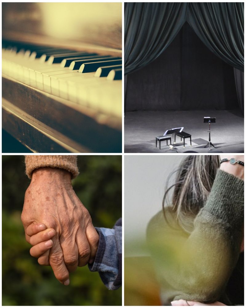 Four photos showing: a piano, a stage, a grandmother holding hands with her grandchild, and a girl who's incredibly stressed.