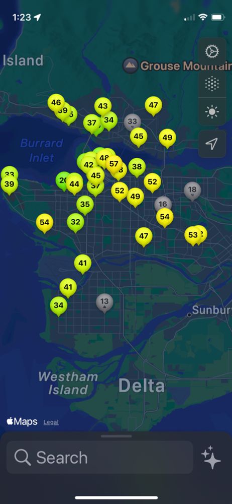 Purple Air map of air quality over Vancouver July 16 1:30pm (Green to Yellow)