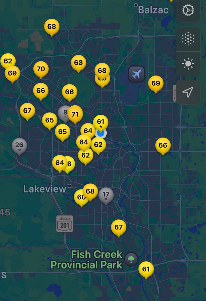 Purple Air map of air quality over Calgary July 16 1:30pm (Yellow)