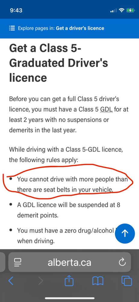 Screen shot of the AB Gov rules for a GDL. Including that you can not drive with more people then there are seat belts.