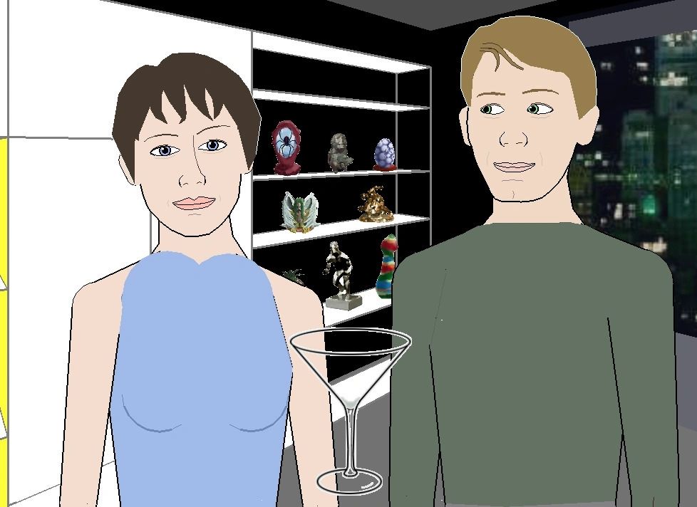 a woman in a blue short sleeved shirt and a man in a dark green long sleeved shirt, standing in front of a shelf. an empty martini glass floats in front