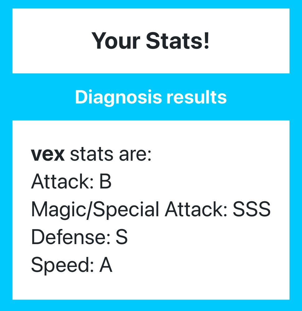 shindanmaker quiz thing w name based stats. vex: attack b, special attack sss, defense s, speed a